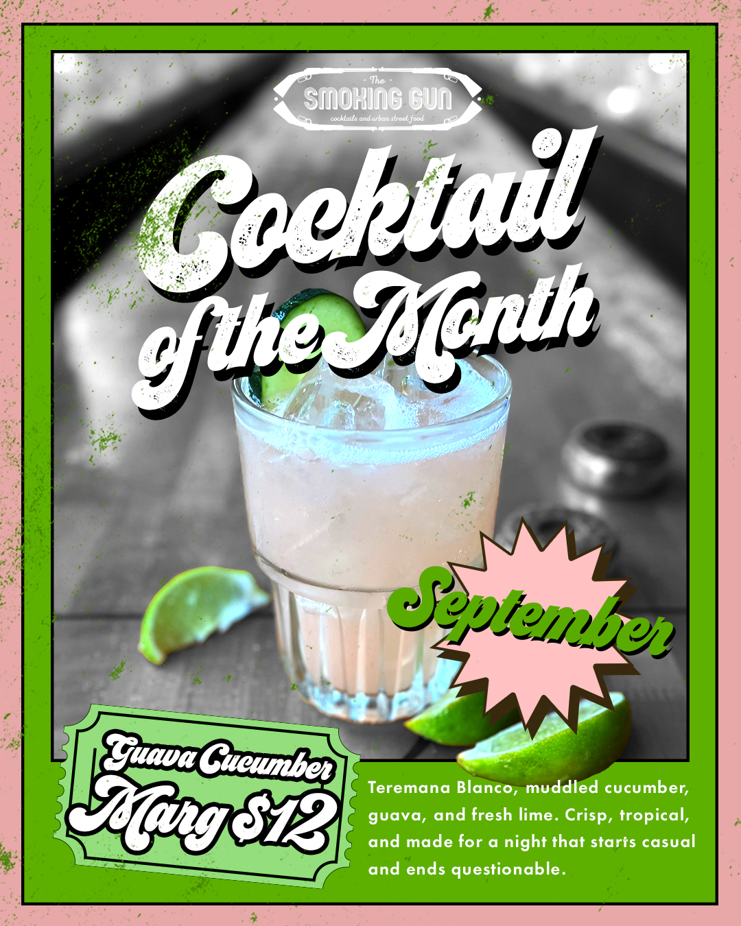 green and pink graphic with pink cocktail on a shuffleboard table