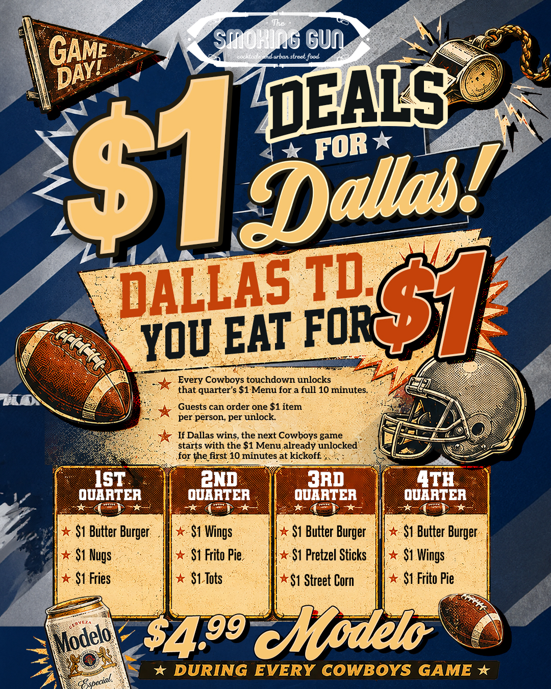 menu graphic with dallas cowboys game time specials